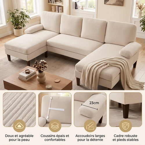 Grand canapé d'angle en U modulaire beige — Velours côtelé doux, 5-6 places (258 cm)