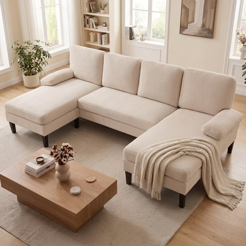 Grand canapé d'angle en U modulaire beige — Velours côtelé doux, 5-6 places (258 cm)