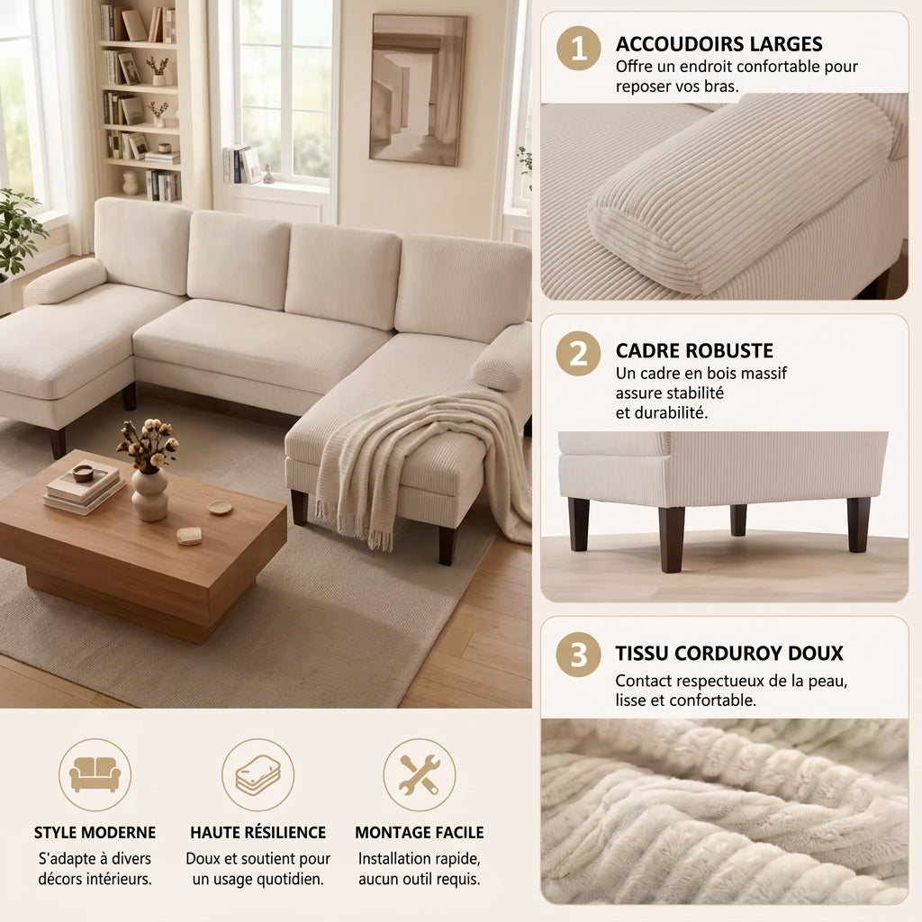 Grand canapé d'angle en U modulaire beige — Velours côtelé doux, 5-6 places (258 cm)