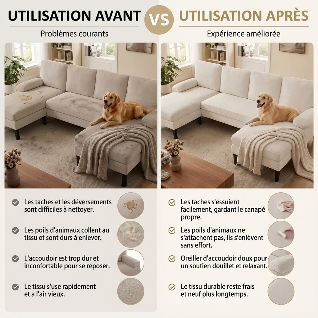 Grand canapé d'angle en U modulaire beige — Velours côtelé doux, 5-6 places (258 cm)