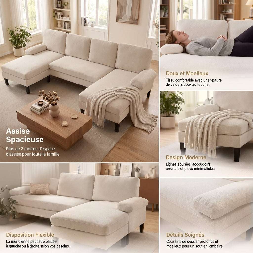 Grand canapé d'angle en U modulaire beige — Velours côtelé doux, 5-6 places (258 cm)