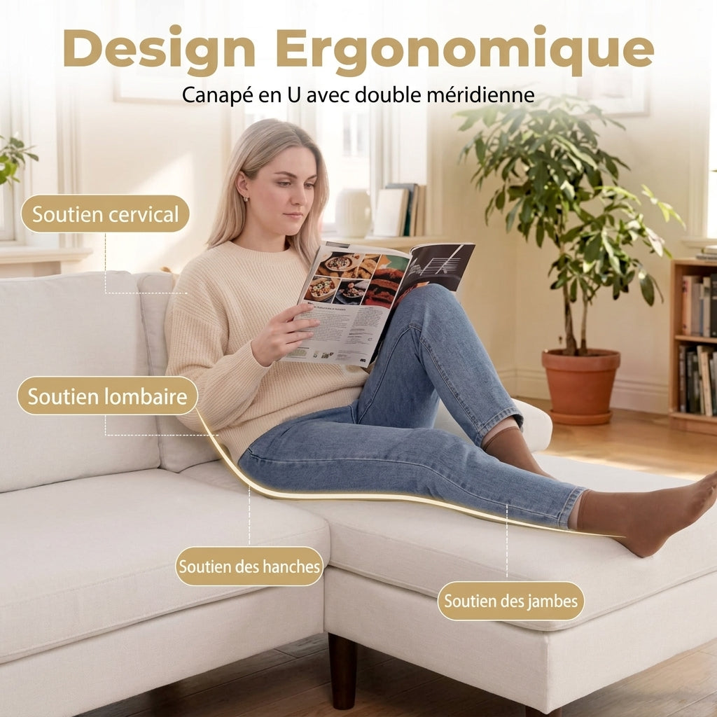 Grand canapé d'angle en U modulaire beige — Velours côtelé doux, 5-6 places (258 cm)