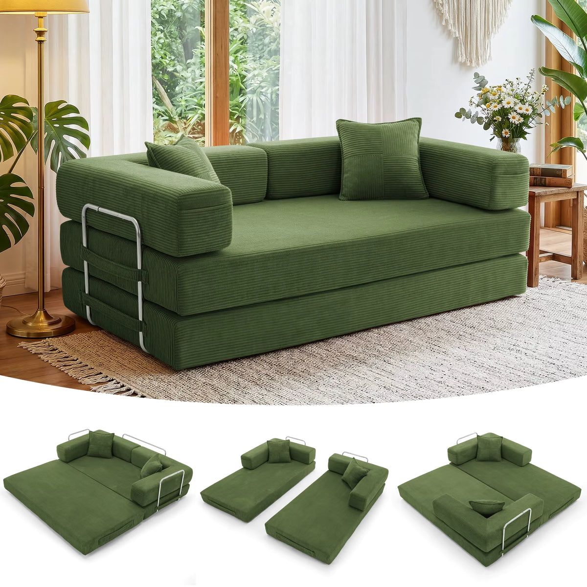 Canapé-Lit Modulaire XXL 200cm Zéro Montage — Velours Côtelé Mémoire de Forme, Lavable & Antidérapant