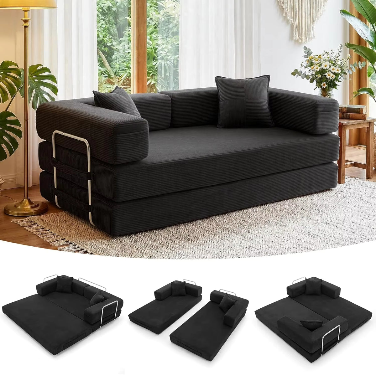 Canapé-Lit Modulaire XXL 200cm Zéro Montage — Velours Côtelé Mémoire de Forme, Lavable & Antidérapant