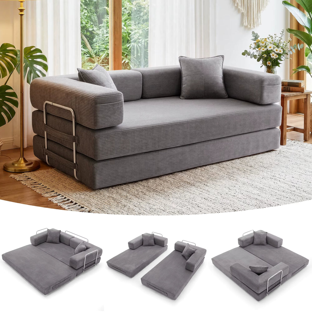 Canapé-Lit Modulaire XXL 200cm Zéro Montage — Velours Côtelé Mémoire de Forme, Lavable & Antidérapant