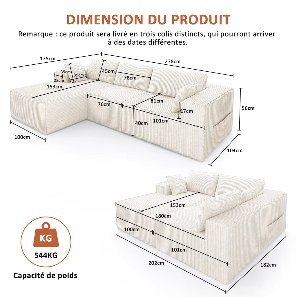 Canapé d'Angle Modulaire Mihtrov en Velours — Confort Mémoire de Forme & Sans Assemblage (278x175 cm)