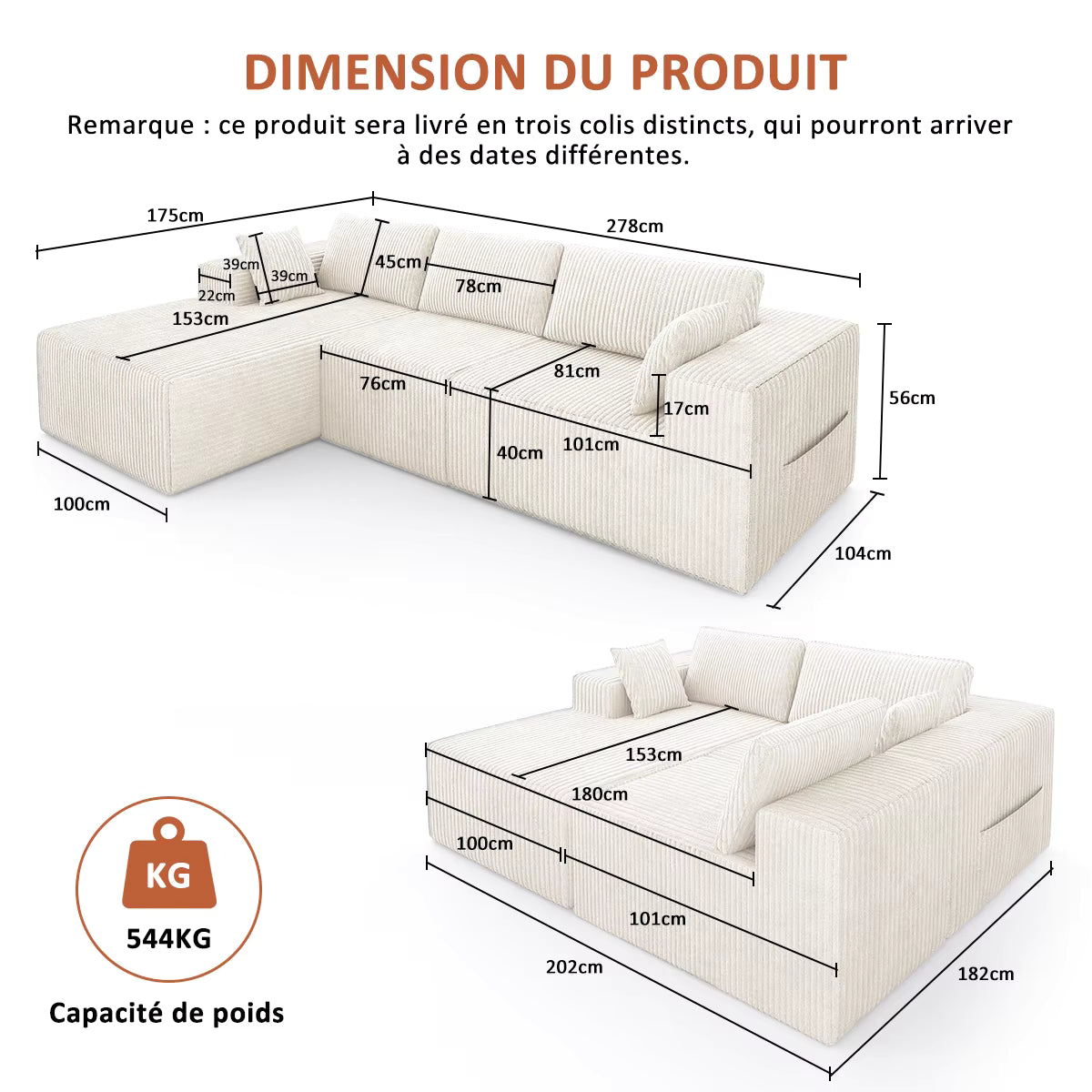 Canapé d'Angle Modulaire Mihtrov en Velours — Confort Mémoire de Forme & Sans Assemblage (278x175 cm)