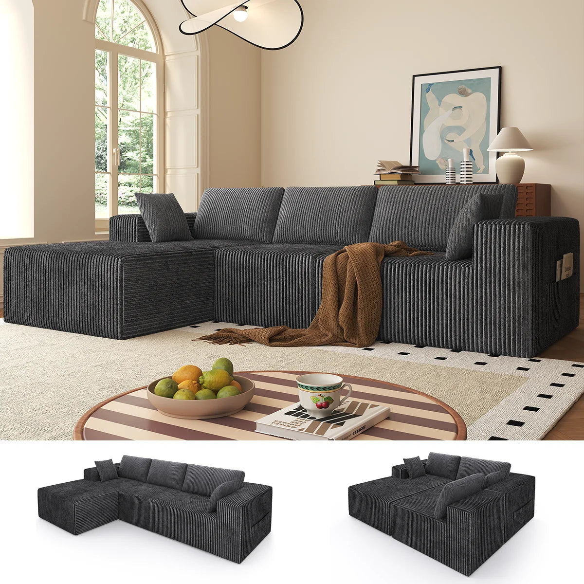 Canapé d'Angle Modulable XXL en Velours Doux (278x175 cm)