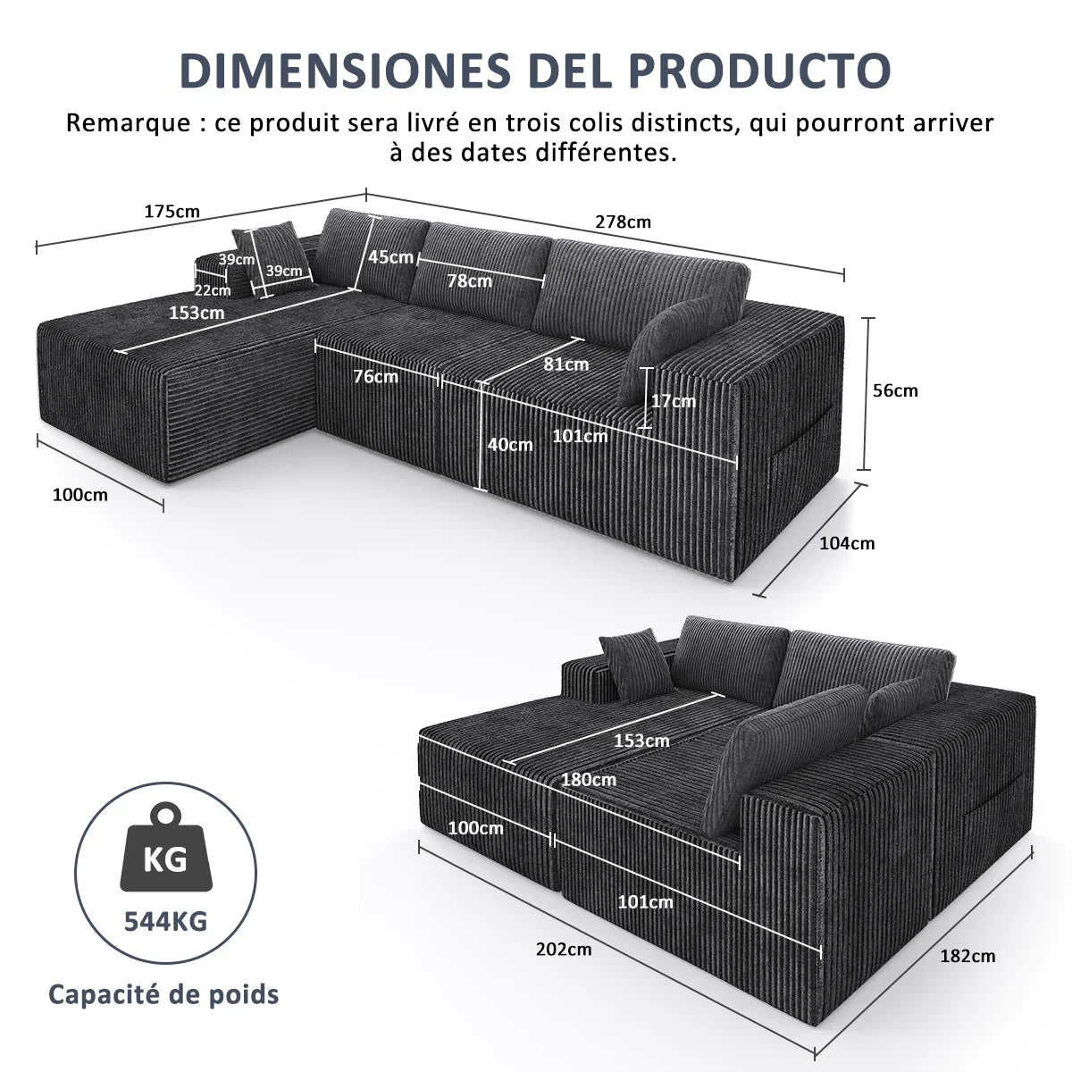 Canapé d'Angle Modulable XXL en Velours Doux (278x175 cm)