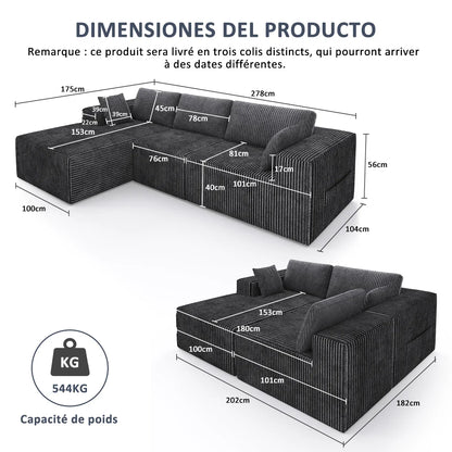 Canapé d'Angle Modulable XXL en Velours Doux (278x175 cm)
